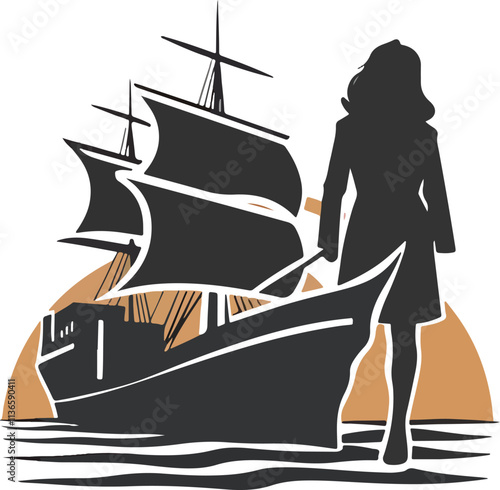 A logo with a silhouette of a woman standing on a merchant ship