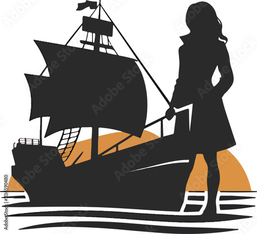 A logo with a silhouette of a woman standing on a merchant ship