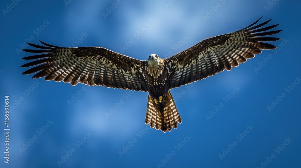 Fototapeta premium Majestic red kite soaring through a vibrant blue sky. Its patterned wings are fully extended, showcasing its powerful flight.