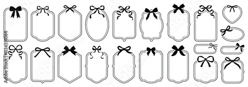 Black and pink decorative frames with black bows. Graphic antique frames, collection of retro labels, royal wedding, stickers for sale, invitation card. Isolated vector symbols. Simple line label set