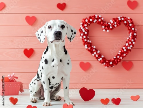 A playful Dalmatian dog sitting against a pink backdrop adorned with red hearts and a heart-shaped wreath, perfect for Valentine's Day themes. photo