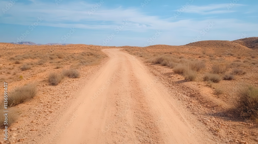 A road stretching into the horizon through an arid desert landscape, evoking the sense of adventure and freedom along the way. A road stretching into the horizon through an arid desert landscape, evoking the sense of adventure and freedom along the way.