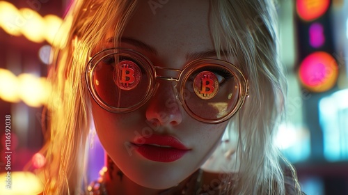 A Vibrant Portrait of a Young Woman Wearing Oversized Sunglasses Against a Colorful Neon Backdrop in an Urban Setting at Night

 photo