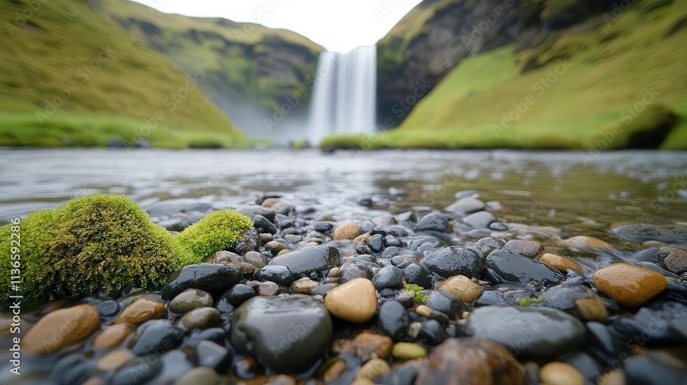 Fototapeta premium A long exposure of a waterfall cascading into a crystal-clear pool, surrounded by moss-covered rocks, serene landscape.