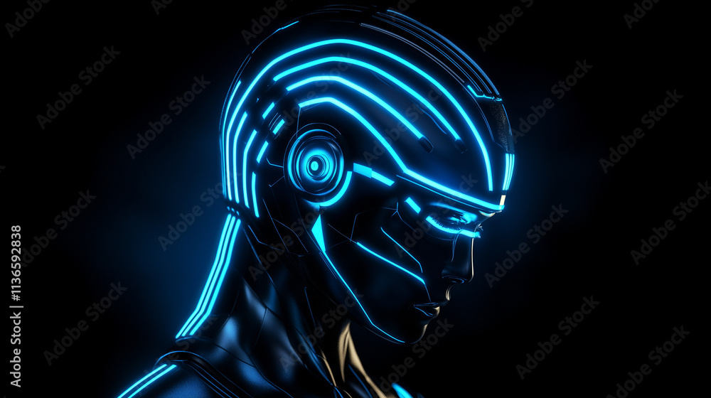Futuristic AI Humanoid Head with Glowing Blue Line Design A highly detailed humanoid AI head, designed with sleek metallic features and illuminated by intricate blue lines that pul Futuristic AI Humanoid Head with Glowing Blue Line Design A highly detailed humanoid AI head, designed with sleek metallic features and illuminated by intricate blue lines that pul