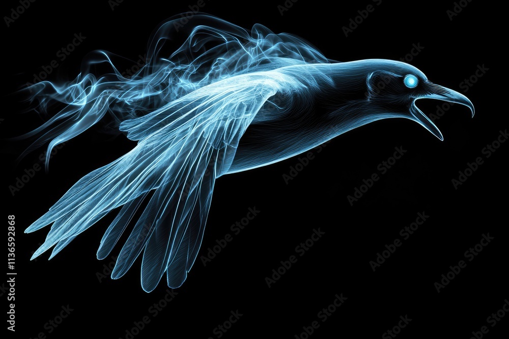 Fototapeta premium A Smoky Blue Raven In Flight Soars Through The Night