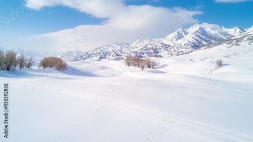 A drone view of a snowy mountain range with sharp peaks and soft clouds, serene and isolated.