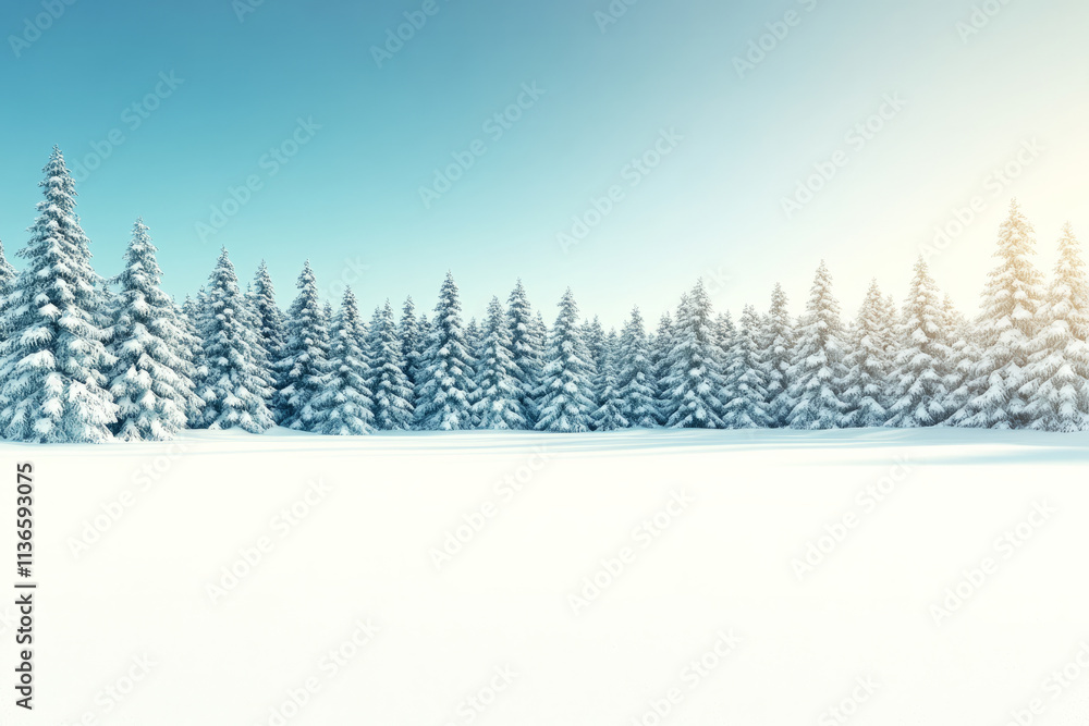 Fototapeta premium A snowy field with a large number of pine trees