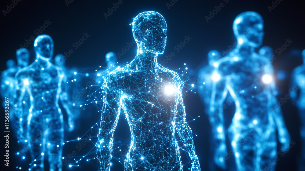 Networked Humanoids Representing Big Data in a Futuristic Concept A group of humanoid figures, interconnected by glowing data streams and intricate digital networks, symbolizes the Networked Humanoids Representing Big Data in a Futuristic Concept A group of humanoid figures, interconnected by glowing data streams and intricate digital networks, symbolizes the