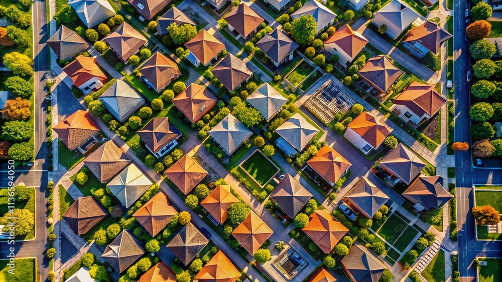Fototapeta premium Overhead Suburban Neighborhood Aerial View: Uniform Houses, Organized Streets, Drone Photography