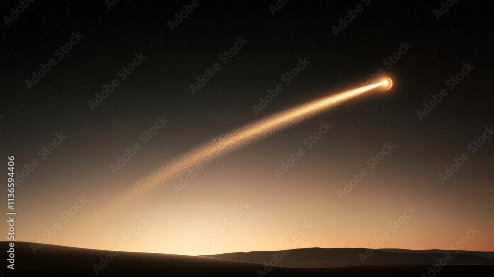A bright comet with a glowing tail of ice and dust streaking across the night sky, passing close to Earth A bright comet with a glowing tail of ice and dust streaking across the night sky, passing close to Earth