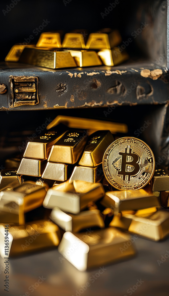 close up of gold bars and golden bitcoin in a safe or bank, crypto currency, crypto trading, investments, financial assets, financial, wealth, coin, cash, finance, bank close up of gold bars and golden bitcoin in a safe or bank, crypto currency, crypto trading, investments, financial assets, financial, wealth, coin, cash, finance, bank