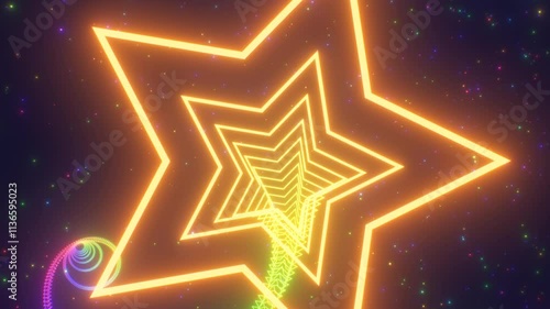 Travel Through Helical Spiral Star Shaped Rainbow Neon Glowing Tunnel - 4K Seamless VJ Loop Motion Background Animation