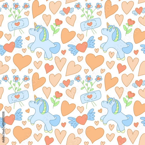 Cute Unicorn, Hearts And Flowers Seamless Pattern