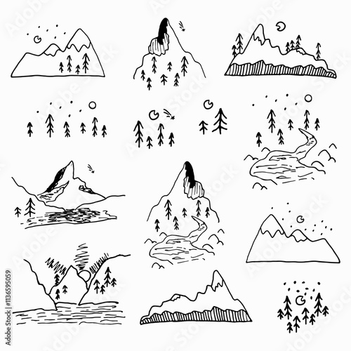 Hand Drawn Vector Mountain Sketches Set