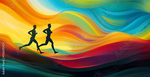 Silhouettes of two runners moving through a vibrant, flowing abstract landscape with bold, colorful waves, symbolizing energy, freedom, and the harmony of motion in an artistic style