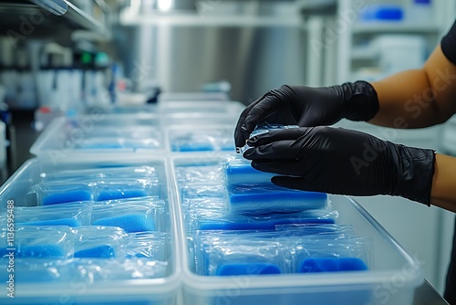 Close up of a hand in a glove picking up a blue sponge from a plastic box photo