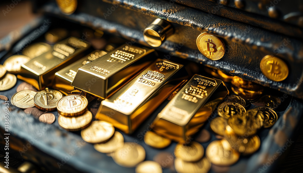 close up of gold bars and golden bitcoin in a safe or bank, crypto currency, crypto trading, investments, financial assets, financial, wealth, coin, cash, finance, bank close up of gold bars and golden bitcoin in a safe or bank, crypto currency, crypto trading, investments, financial assets, financial, wealth, coin, cash, finance, bank