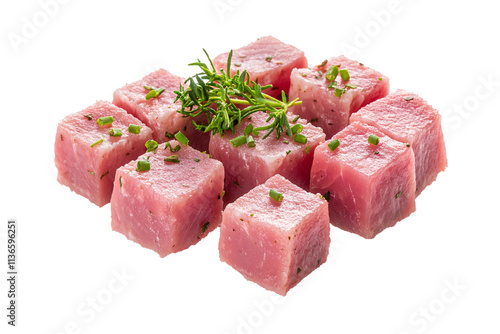 a group of cubes of meat with herbs photo