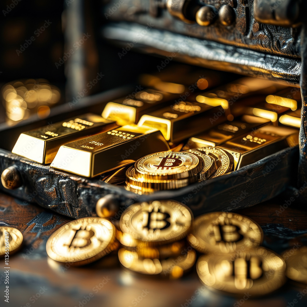 close up of gold bars and golden bitcoin in a safe or bank, crypto currency, crypto trading, investments, financial assets, financial, wealth, coin, cash, finance, bank close up of gold bars and golden bitcoin in a safe or bank, crypto currency, crypto trading, investments, financial assets, financial, wealth, coin, cash, finance, bank