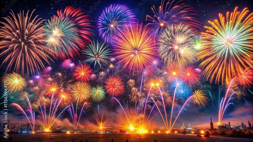 Panoramic Fireworks Night Sky Photography: Spectacular Festive Burst Display Panoramic Fireworks Night Sky Photography: Spectacular Festive Burst Display