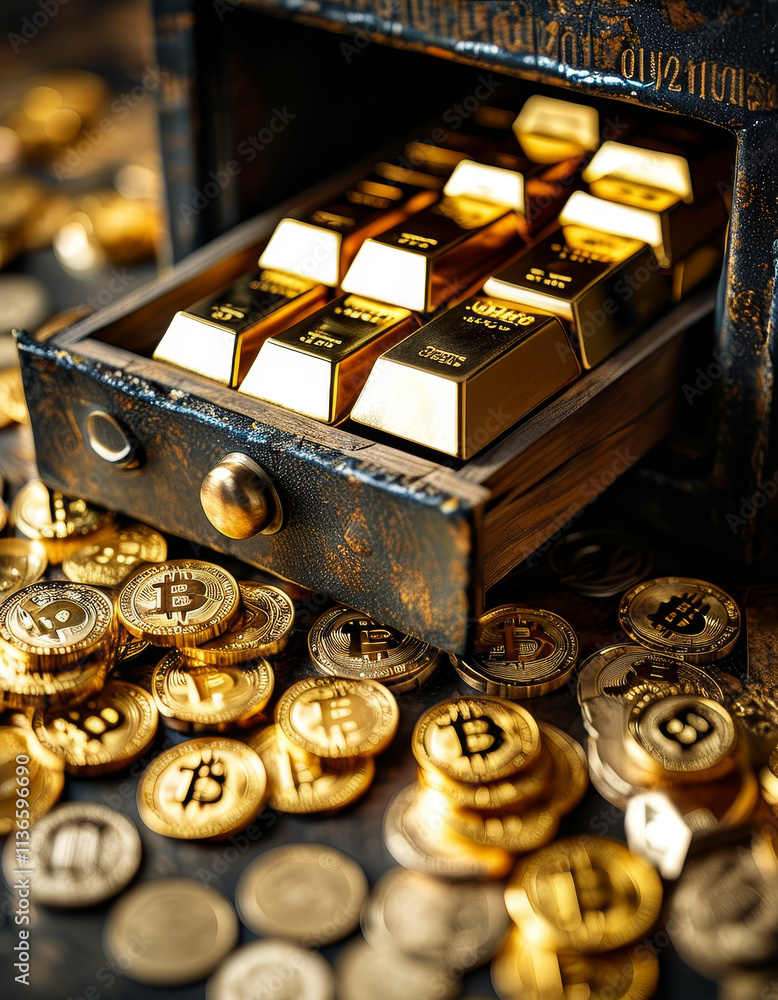 close up of gold bars and golden bitcoin in a safe or bank, crypto currency, crypto trading, investments, financial assets, financial, wealth, coin, cash, finance, bank close up of gold bars and golden bitcoin in a safe or bank, crypto currency, crypto trading, investments, financial assets, financial, wealth, coin, cash, finance, bank