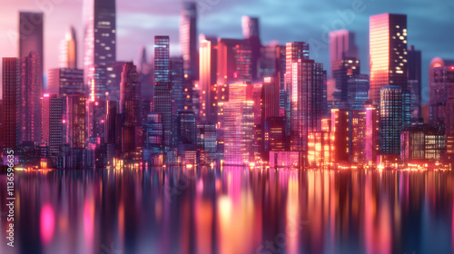 Futuristic cityscape aglow with vibrant pink and orange lights, reflecting in the still water at sunset