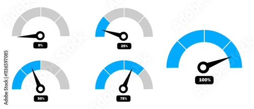Speedometer icons set with percentage. Speed indicators. Speed dial indicator in blue and grey color. low and high barometers. Infographic of risk, gauge, score progress. Speed, Power. Gauge meter.