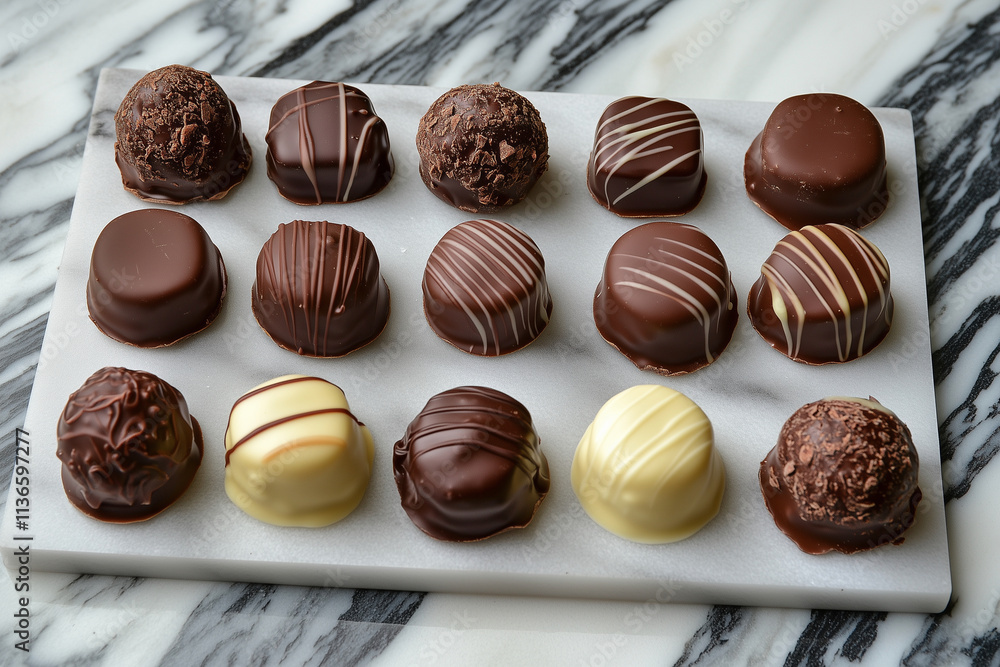 white plate with a variety of chocolate candies on it. The candies are of different shapes and sizes, and they are arranged in a visually appealing manner. The plate is placed on a marble countertop white plate with a variety of chocolate candies on it. The candies are of different shapes and sizes, and they are arranged in a visually appealing manner. The plate is placed on a marble countertop