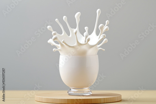 glass cup filled with milk splashes dramatically, creating beautiful white splash against soft gray background. scene captures essence of freshness and fluidity photo