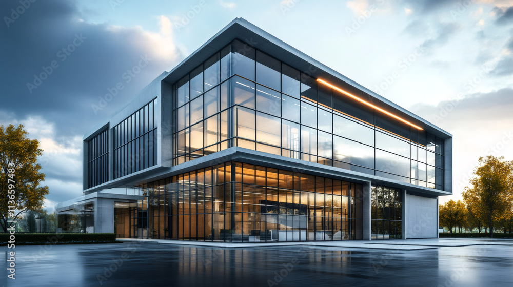 custom made wallpaper toronto digitalModern glass office building exterior reflecting cloudy sky at sunset, showcasing contemporary architecture and design