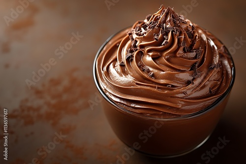 Chocolate cream in a glass on a brown background. Copy space. photo