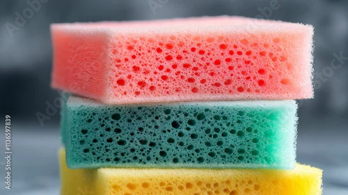 Stacks of sponges for cleaning on a gray background.