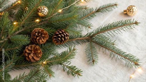 Wallpaper Mural Pine branches adorned with warm lights and rustic pine cones create a festive and natural winter scene. Torontodigital.ca