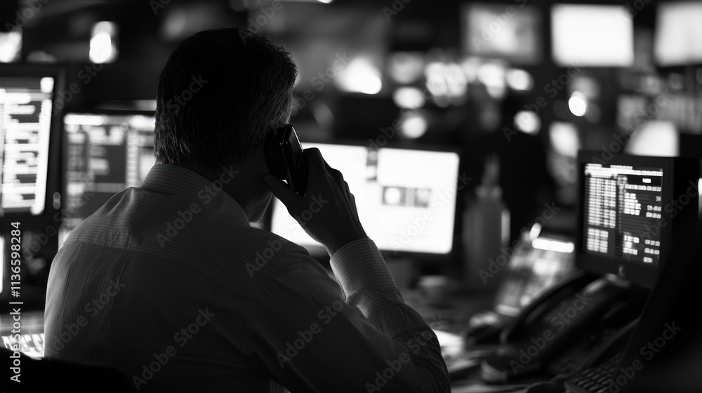 Man in a control room on phone call, surrounded by computer screens at night. Man in a control room on phone call, surrounded by computer screens at night.