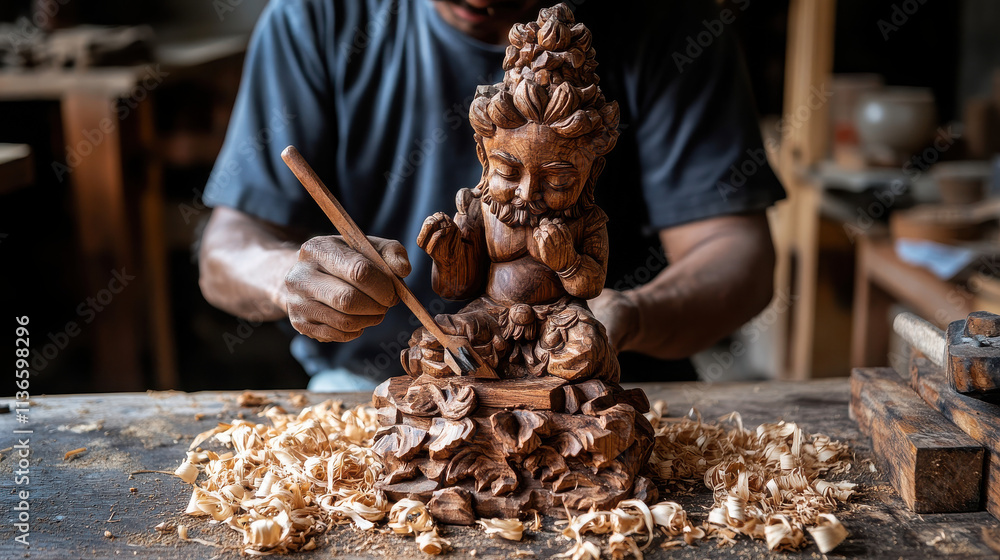 A craftsman carves a detailed wooden statue, showcasing artistry and skill in woodworking. A craftsman carves a detailed wooden statue, showcasing artistry and skill in woodworking.