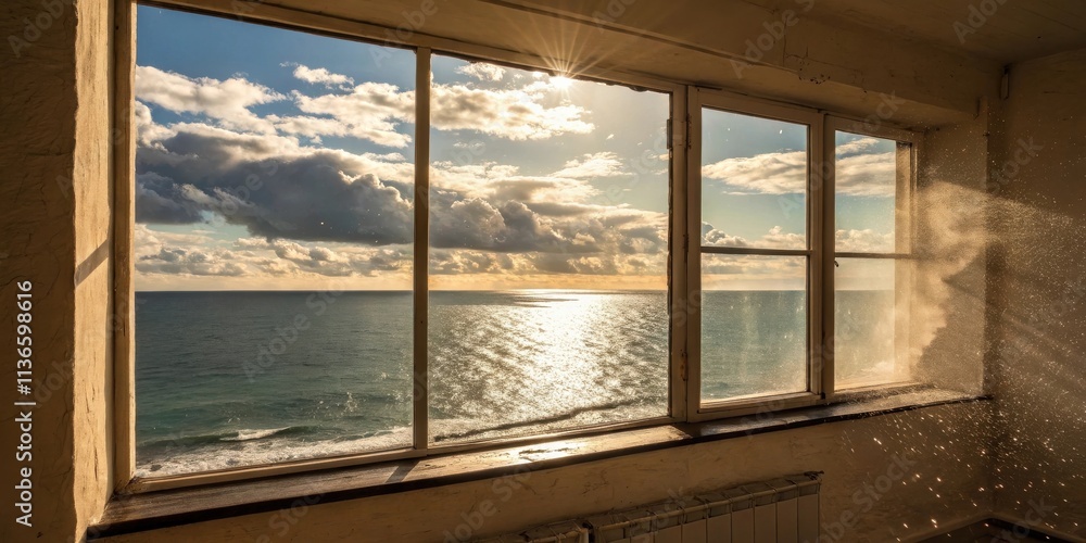 A Window Offering a Tranquil View of the Ocean, Sunlit Waves, and a Serene Sky, Illuminated by Rays of Light Streaming Through the Glass A Window Offering a Tranquil View of the Ocean, Sunlit Waves, and a Serene Sky, Illuminated by Rays of Light Streaming Through the Glass