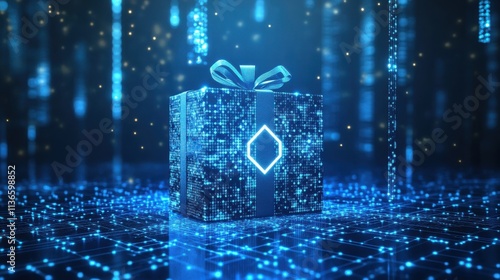 3D glowing gift box with digital effects in a blue futuristic setting.