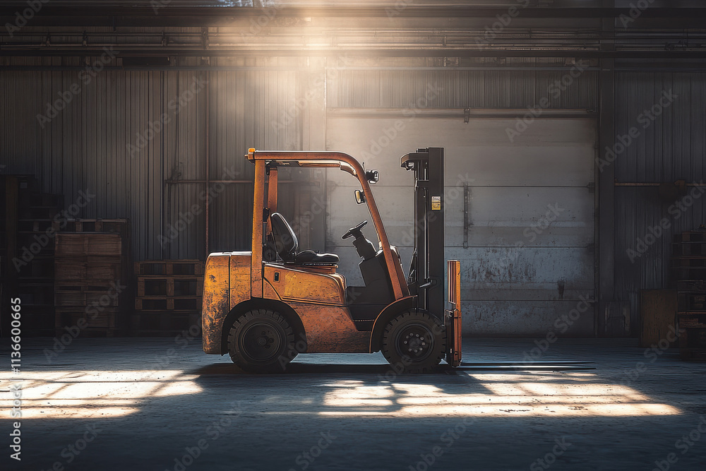 A forklift in a warehouse, illuminated by beams of light, showcasing industrial setting.
