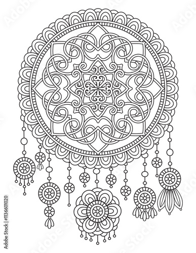 Adult coloring page with dreamcatcher with feathers and flowers. Native American Indian talisman. Black and white doodle ornament. Isolated on white background. Ethnic design. Vector illustration
