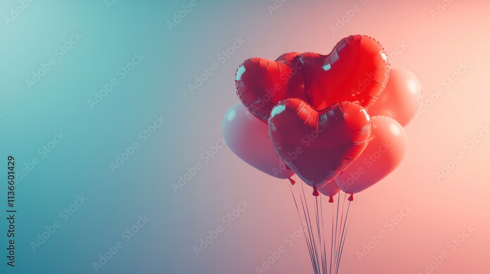 Romantic red and white heart-shaped balloons against a soft gradient background. Romantic red and white heart-shaped balloons against a soft gradient background.