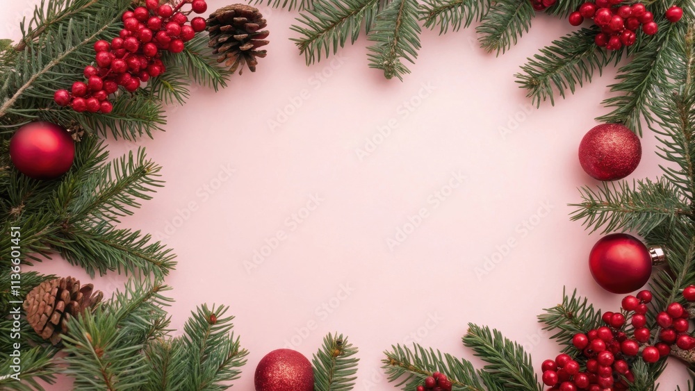 A Festive Christmas Frame of Evergreen Branches, Red Ornaments, and Pine Cones on a Pastel Pink Background A Festive Christmas Frame of Evergreen Branches, Red Ornaments, and Pine Cones on a Pastel Pink Background