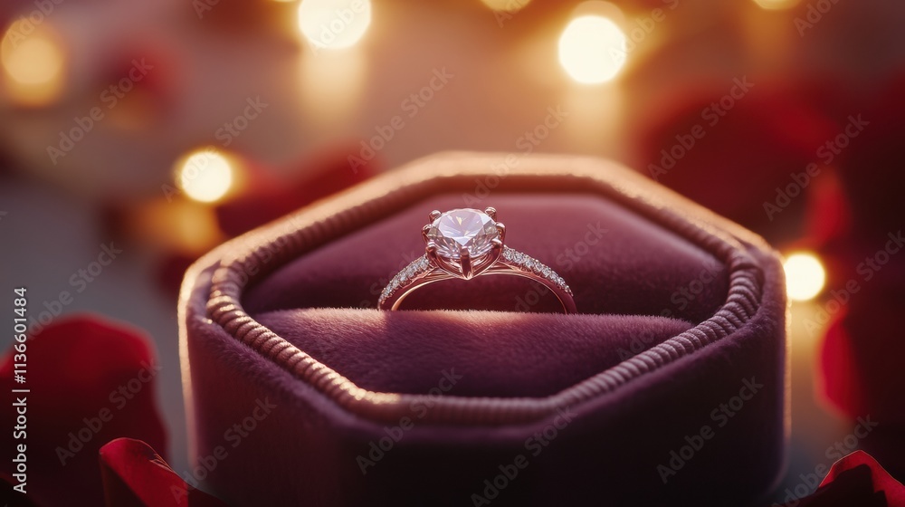 A sparkling engagement ring in a velvet box, styled with rose petals and a soft-focus romantic background A sparkling engagement ring in a velvet box, styled with rose petals and a soft-focus romantic background