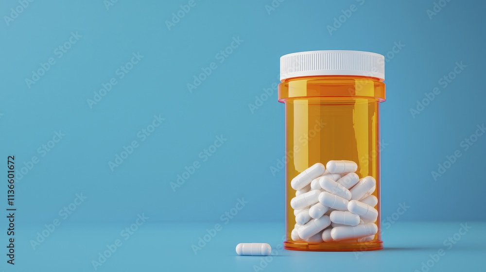 clear orange prescription bottle filled with white pills on blue background. scene conveys sense of health and medication clear orange prescription bottle filled with white pills on blue background. scene conveys sense of health and medication