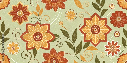 Wallpaper Mural A vibrant seamless pattern featuring intricate stylized floral motifs in warm shades of orange and brown, set against a pale green background, showcasing a sophisticated and timeless design aesthetic Torontodigital.ca