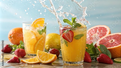 Refreshing summer citrus and strawberry drink with splashing water and fresh mint