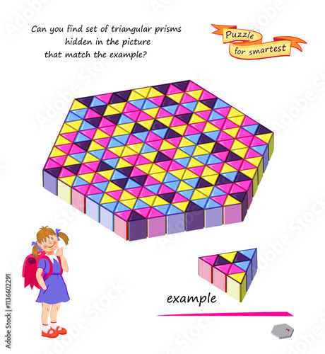 Can you find set of triangular prisms hidden in the picture that match the example? Logic game for smartest. 3D puzzle. Developing spatial thinking skills. Brain teaser book. Vector illustration