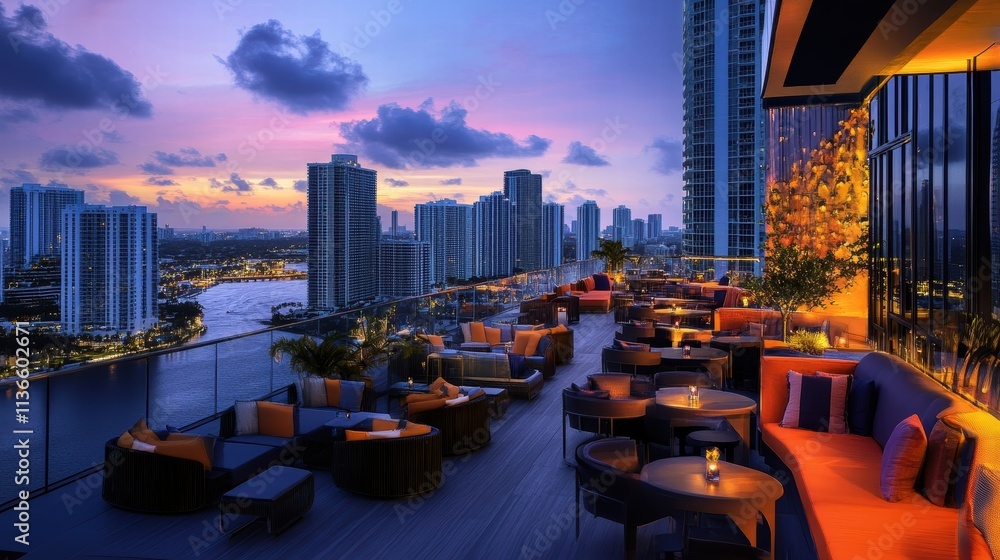 Obraz premium miami rooftop lounge sunset cityscape