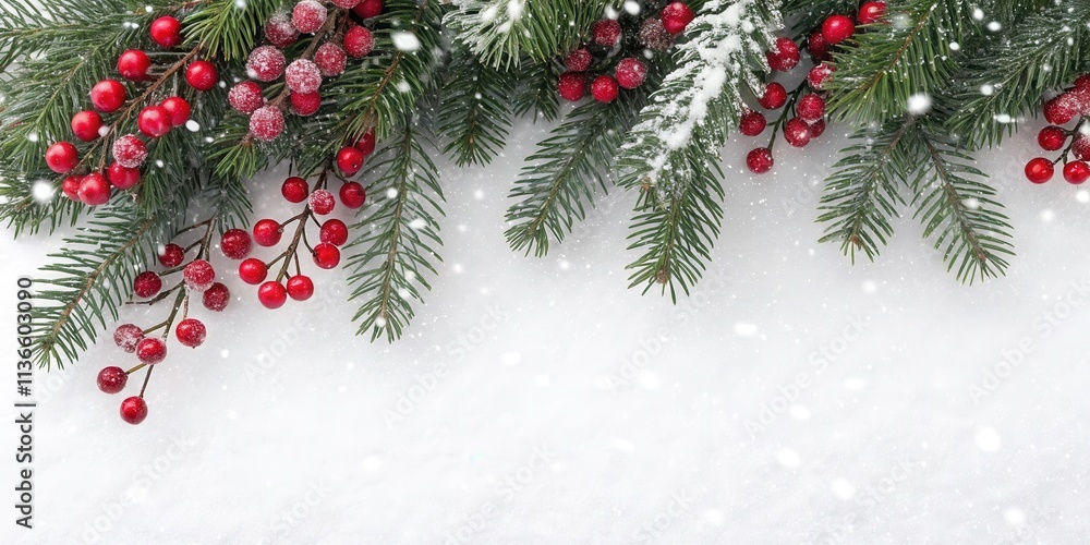 Evergreen branches adorned with red berries and frosted with a light snowfall, creating a winter wonderland scene. Evergreen branches adorned with red berries and frosted with a light snowfall, creating a winter wonderland scene.