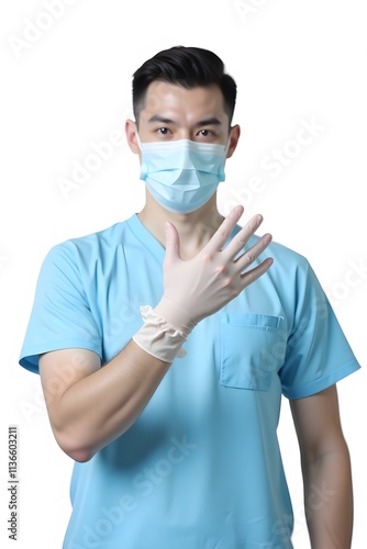 Asian male healthcare worker wearing mask and gloves in medical attire